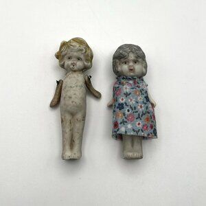Antique 1920s Japanese Bisque Frozen Charlotte Style Dolls Lot of 2 Jointed Arms